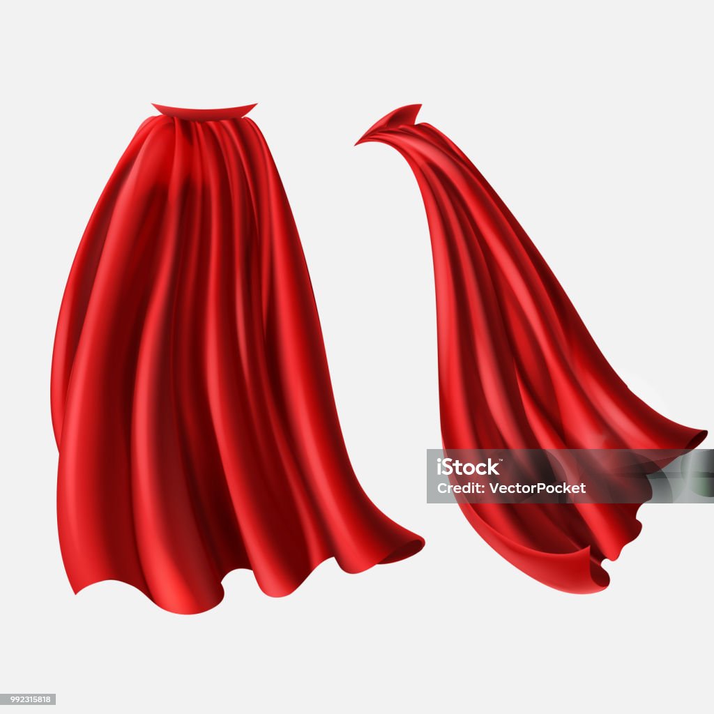Vector set of red cloaks, flowing silk fabrics Vector realistic set of red cloaks, flowing silk fabrics isolated on white background. Satin wavy materials, drapery. Carnival clothes, decorative costume for superhero, vampire, cape for illusionist Cape - Garment stock vector