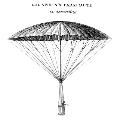 An engraved illustration of Garnerine's Parachute from a vintage book Encyclopaedia Britannica by A. and C. Black, vol. 2, of 1875.