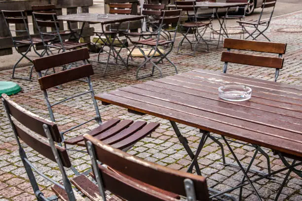Empty Beergarden without Visitors on a rainy day in Germany