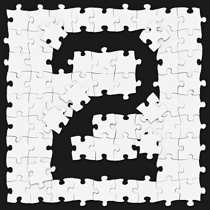 Jigsaw puzzles assembled mathematical digit 2 or two on dark background, puzzle board may be seamless connected along borders, 3D rendered image for math education and childish typography