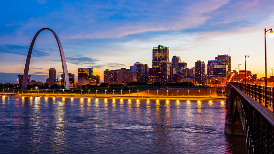 St Louis, Missouri cityscape skyline and Gateway Arch as night falls over downtown (logos removed for commercial use)