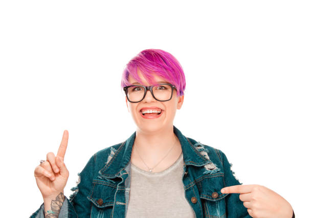 istock Woman indicating with her shirt with one hand and one pointing up 992408714