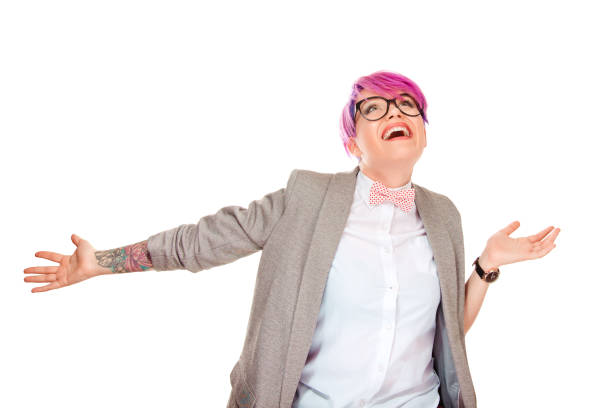 Young beautiful happy woman dancing hands in air portrait isolated on white background. Studio shot horizontal image. Glad girl with magenta pink short hair