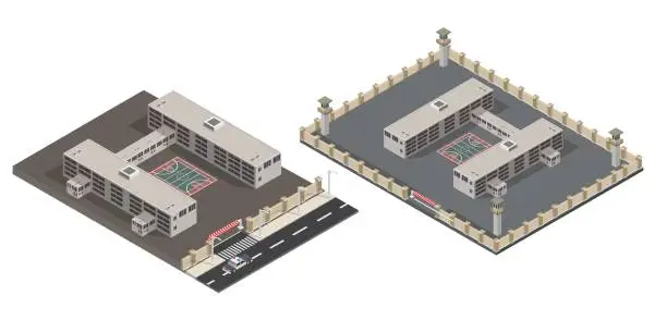 Vector illustration of Low poly isometric prison building illustration