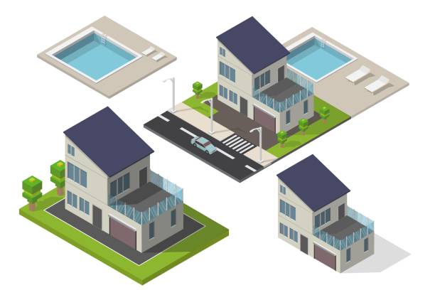 isometrische straße low-poly familienhaus mit pool vektor - solar collector illustrations stock-grafiken, -clipart, -cartoons und -symbole