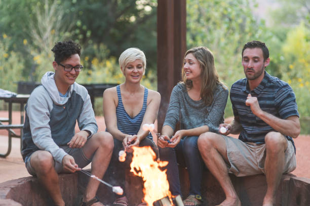 istock Millennial friends roasting smores by the fire 992423946