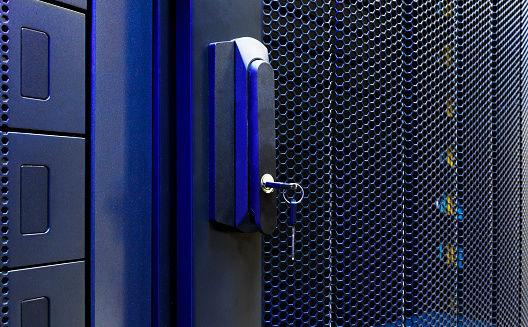 Computer Server in rack server. Door handles and grille closeup