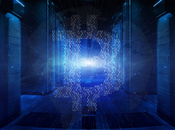 istock Bitcoin crypto currency sign on globe inside symmetric server room with rows of mainframes in modern data center, futuristic dark design 992431614