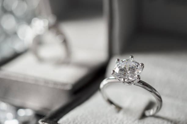 istock luxury engagement Diamond ring in jewelry gift box with bokeh light background 992442178