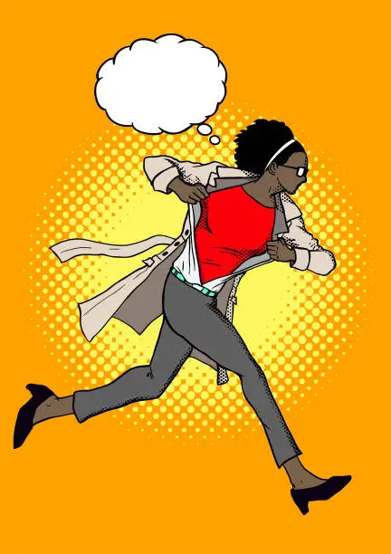 Vector illustration of Retro Comic Book Style African American Woman Transforms into Superhero