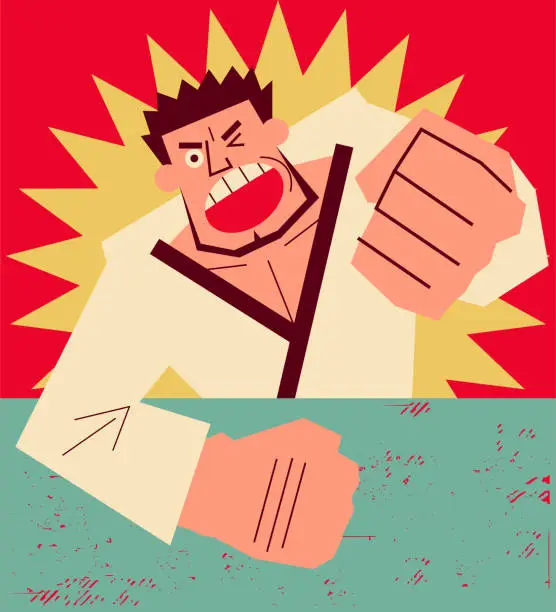 Vector illustration of Retro Karate coach punching and shouting