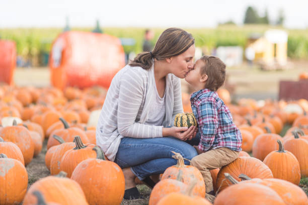 istock Mom and her little boy at the pumpkin patch 992467822