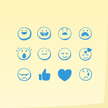 Vector illustration of a set of general emoticons on an adhesive note background