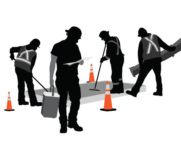 Concrete Foundation Pour And Spread City workers building a sidewalk lunch silhouettes stock illustrations
