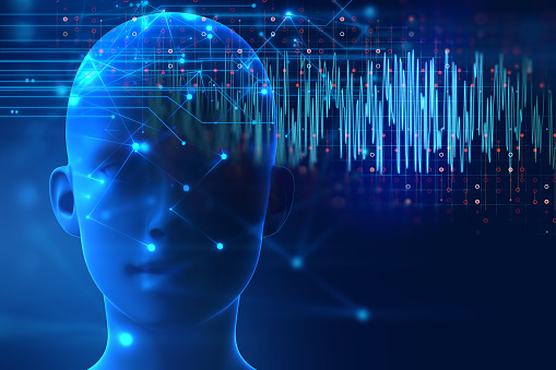 silueta de humanos virtuales de ilustración 3d de forma de onda delta de cerebro photo