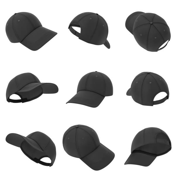 3d rendering of many black baseball caps hanging on a white background in different angles 3d rendering of many black baseball caps hanging on a white background in different angles. Baseball hat. Casual headwear. Sport style. sideways baseball hat stock pictures, royalty-free photos & images