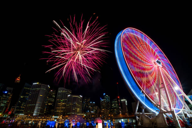 istock Pink Fireworks and Ferris Wheel 992583332