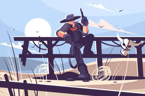 Vector illustration of Brutal cowboy with hat and revolver