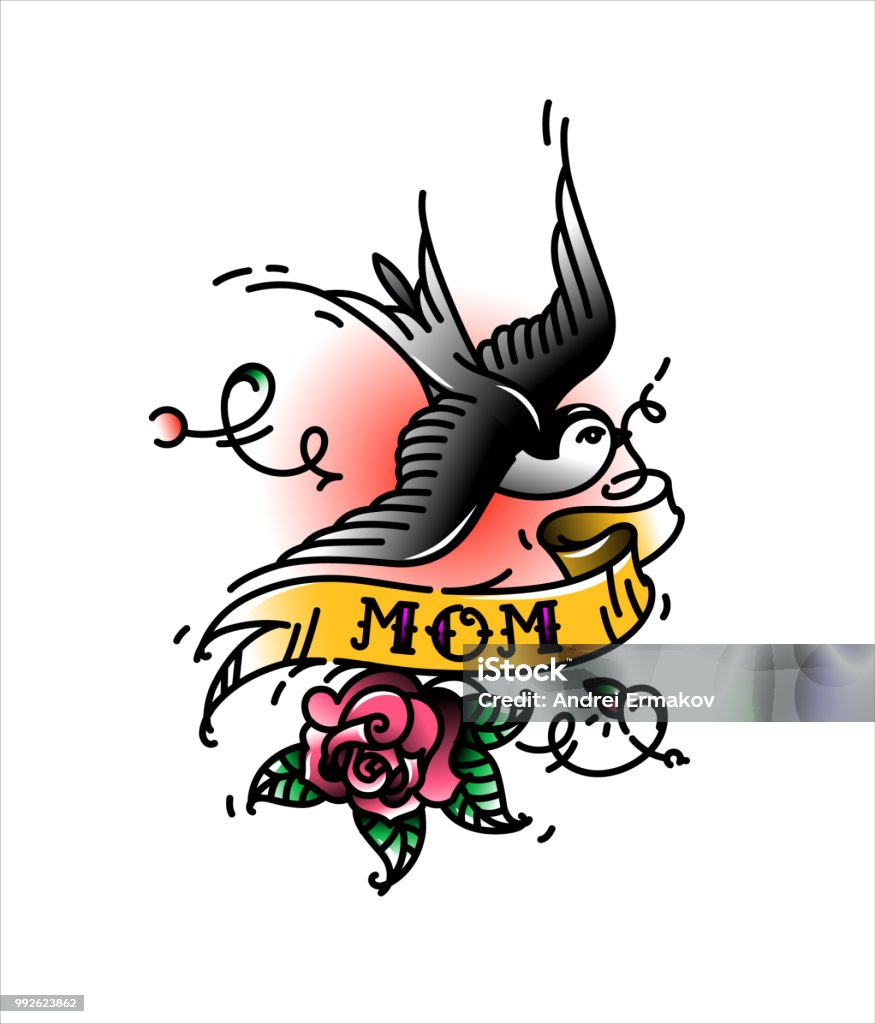 A tattoo of a bird with the inscription of Mom and a rosebud at the bottom.  Tattoo American old school. Bird Swallow with ribbon and flower. Popular fashionable tattoo. Old stock illustration