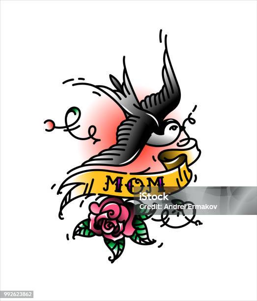 A Tattoo Of A Bird With The Inscription Of Mom And A Rosebud At The Bottom Tattoo American Old School Bird Swallow With Ribbon And Flower Popular Fashionable Tattoo Stock Illustration - Download Image Now