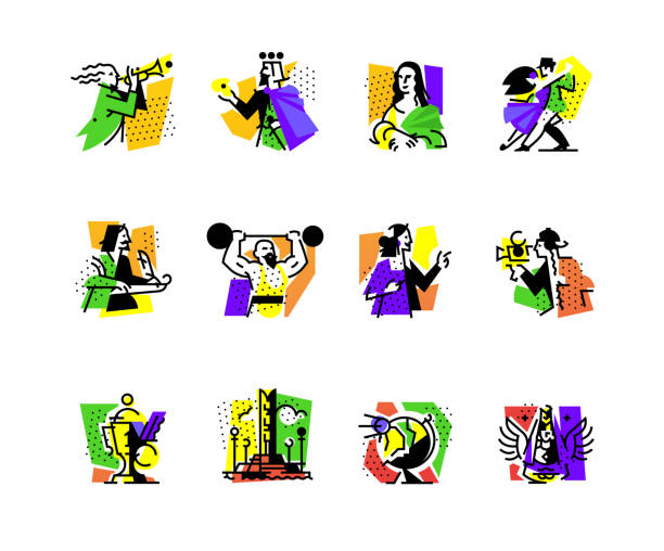 ilustraciones, imágenes clip art, dibujos animados e iconos de stock de un conjunto de iconos sobre el tema de la formas de arte. música, coreografía, canto, literatura, teatro, circo. aficiones de personas creativas. iconos del sitio, banners e impresos. emblemas, símbolos. - artificial wing earth insignia music