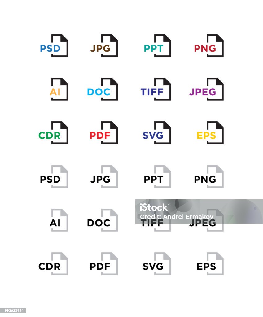 Icons for expanding formats. File Icons. Flat icons with gradient, isolated on white background. Fashionable style. Icons for website and print. Icons of files png, jpeg, ai, esp, cdr, tiff, psd, pdf. File Folder stock illustration