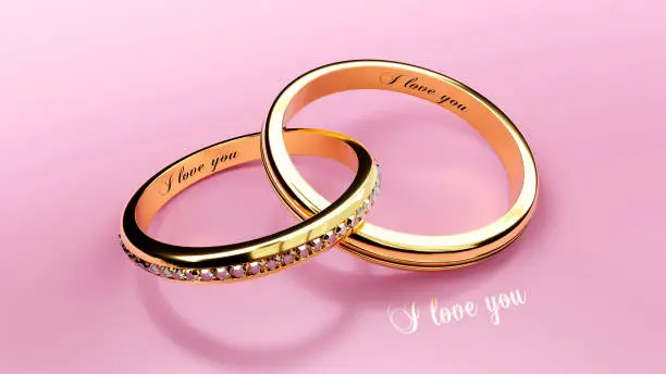 I love you engraved on a wedding jewelry golden rings, 3d illustration