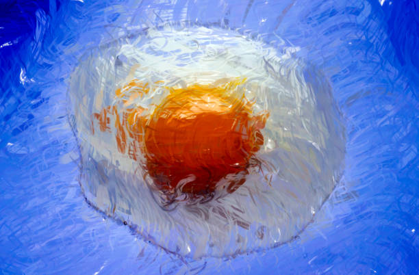 A high definition digital illustration of a Abstract fried egg on blue background breakfast