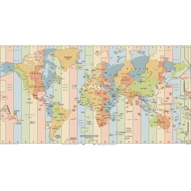 Vector illustration of the standard time zones of the world.Reference map was created by the US Central Intelligence Agency and is available as a public domain map at the University of Texas Libraries website.https://www.cia.gov/library/publications/the-world-factbook/graphics/ref_maps/physical/pdf/standard_time_zones_of_the_world.pdf