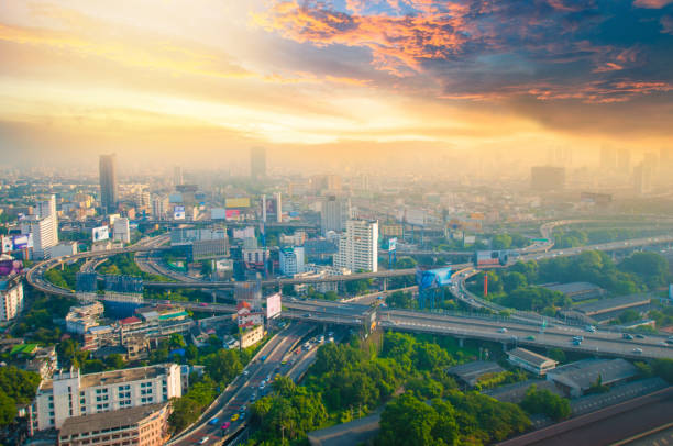 istock Panoramic view Cityscape business district from aerial view high building at dusk (Bangkok, Thailand) 992660932