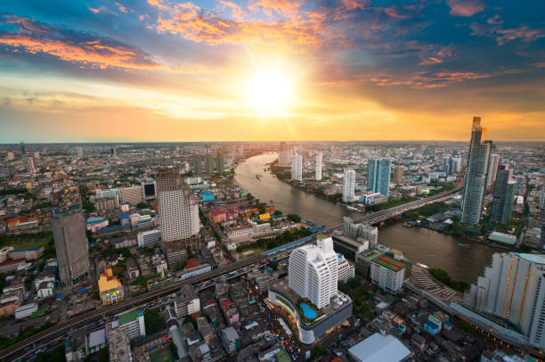 istock Panoramic view Cityscape business district from aerial view high building at dusk (Bangkok, Thailand) 992662078