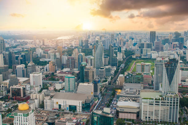istock Panoramic view Cityscape business district from aerial view high building at dusk (Bangkok, Thailand) 992662080