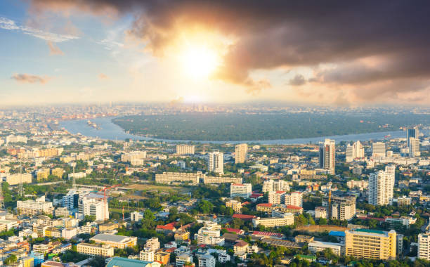 istock Panoramic view Cityscape business district from aerial view high building at dusk (Bangkok, Thailand) 992662082