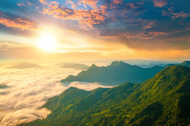Panoramic view Sunrise and mist on mountain view at the north of thailand Panoramic view Sunrise and mist on mountain view at the north of thailand chiang rai province stock pictures, royalty-free photos & images