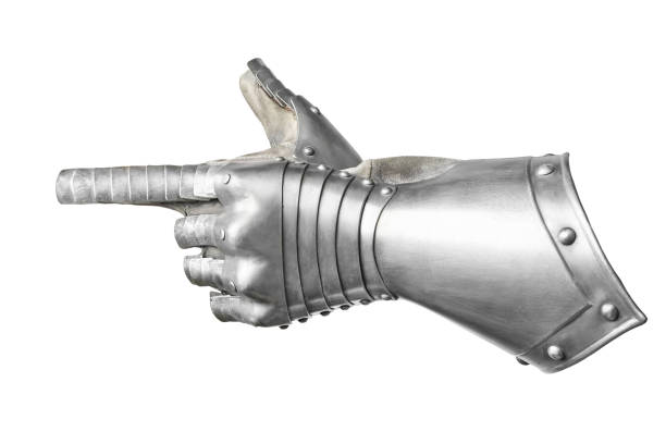 Gray metal knight's glove. stock photo