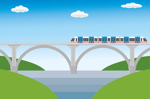 Modern railroad bridge and train,flat vector illustration