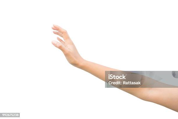 Right Hand Of A Woman Trying To Reach Or Grab Something Reaching Out To The Left Isolated On White Background Stock Photo - Download Image Now