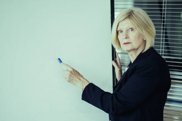 istock Serious senior female leader pointing at flipchart 992692352