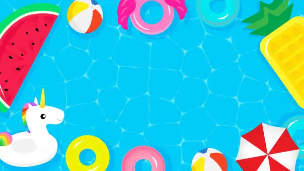 Vector illustration of Pool Party frame background vector illustration. Top view of swimming pool with cute pool floats.