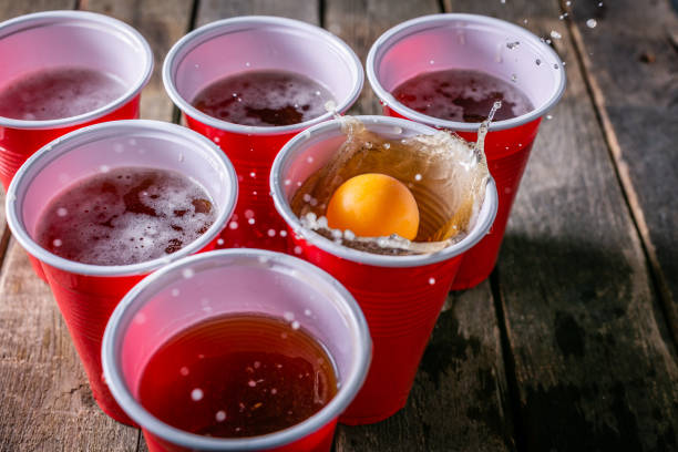 College party sport - beer pong table setting stock photo