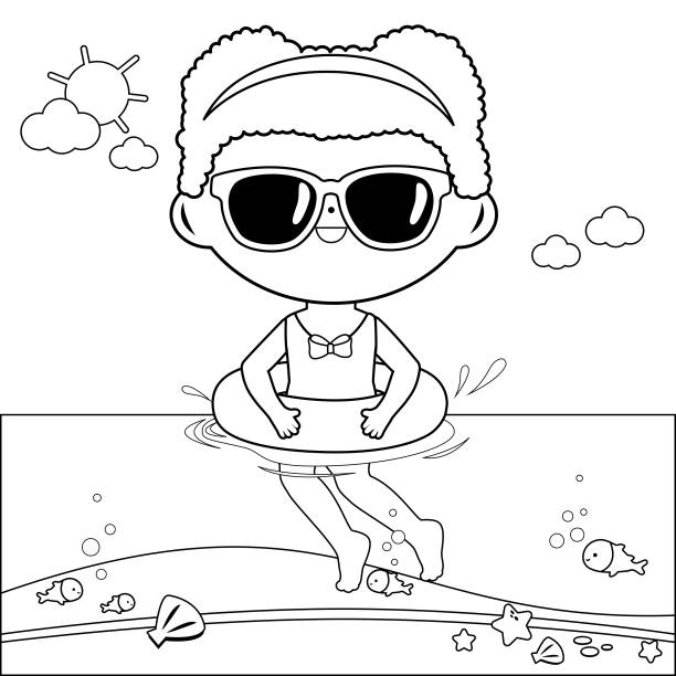 ilustraciones, imágenes clip art, dibujos animados e iconos de stock de muchacha con aro de goma inflable nadando en el mar. blanco y negro para colorear página del libro - swimwear child inner tube little girls