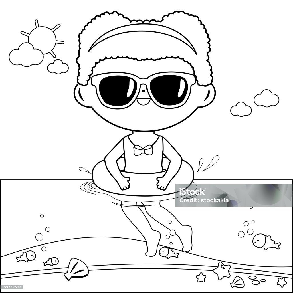 Girl with inflatable rubber ring swimming in the sea. Black and white coloring book page Girl with sunglasses and inflatable rubber ring swimming in the sea. Vector black and white illustration Coloring stock vector