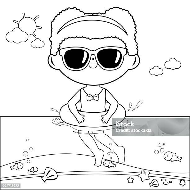 Girl With Inflatable Rubber Ring Swimming In The Sea Black And White Coloring Book Page Stock Illustration - Download Image Now