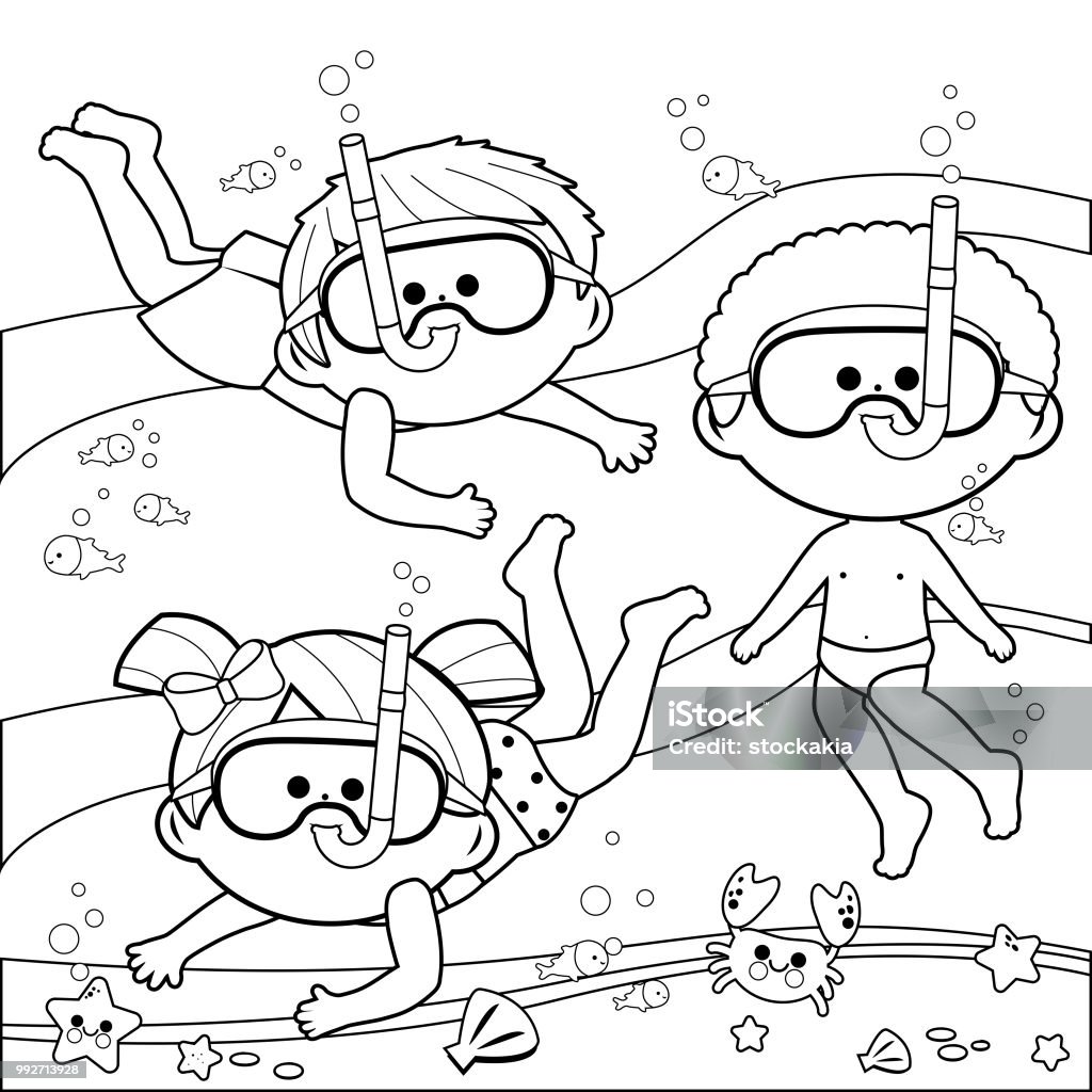 Group of children with diving masks swimming under the sea. Black and white coloring book page Boys and a girls diving underwater using snorkeling masks. Vector black and white illustration Child stock vector