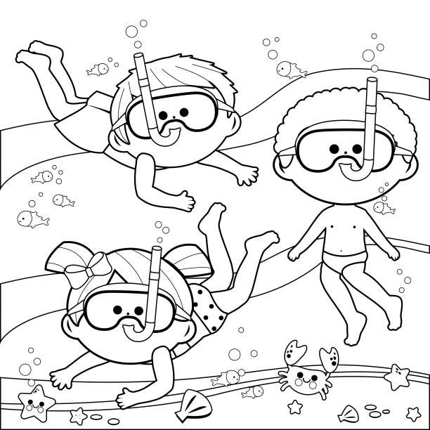 Group Of Children With Diving Masks Swimming Under The Sea Black And White  Coloring Book Page Stock Illustration - Download Image Now - iStock