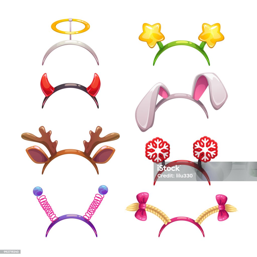 Masquerade head decor Masquerade head decor, ears and horns for holiday celebration. Funny assets for your photo decoration. New Year masks set. Carnival headdress elements. Vector illustration. Isolated on white. Angel stock vector