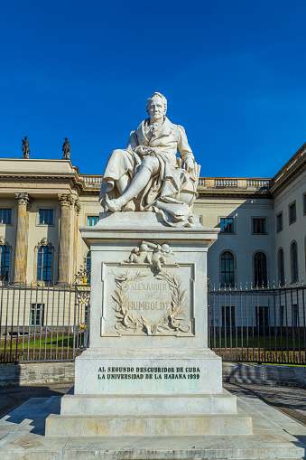 BERLIN, GERMANY - APR 2, 2016: Statue of Alexander von Humboldt in Berlin in front of the Humboldt University