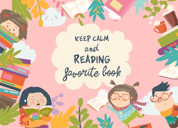 책을 읽고 어린이의 귀여운 프레임 구성 - child book reading offspring stock illustrations