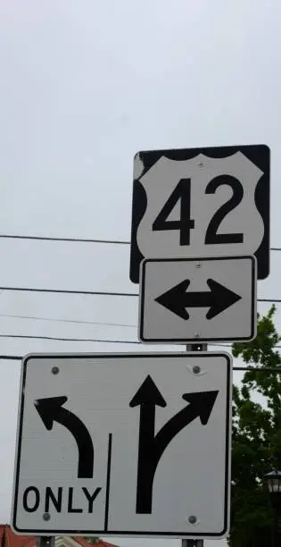 The route sign and the turn lane signs on a close up view.