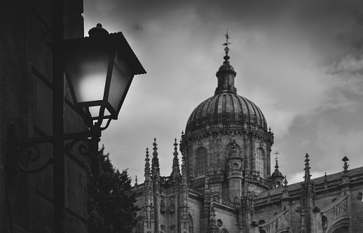Old Cathedral, Catedral Vieja, in Salamanca, Castilla y Leon, Spain - UNESCO World Heritage Site. Monochrome style